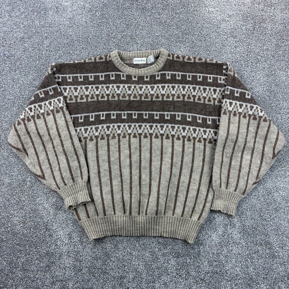 Vintage Boundary Waters Sweater Mens Large Brown Wool Blend Geometric Knit Soft - Picture 1 of 5